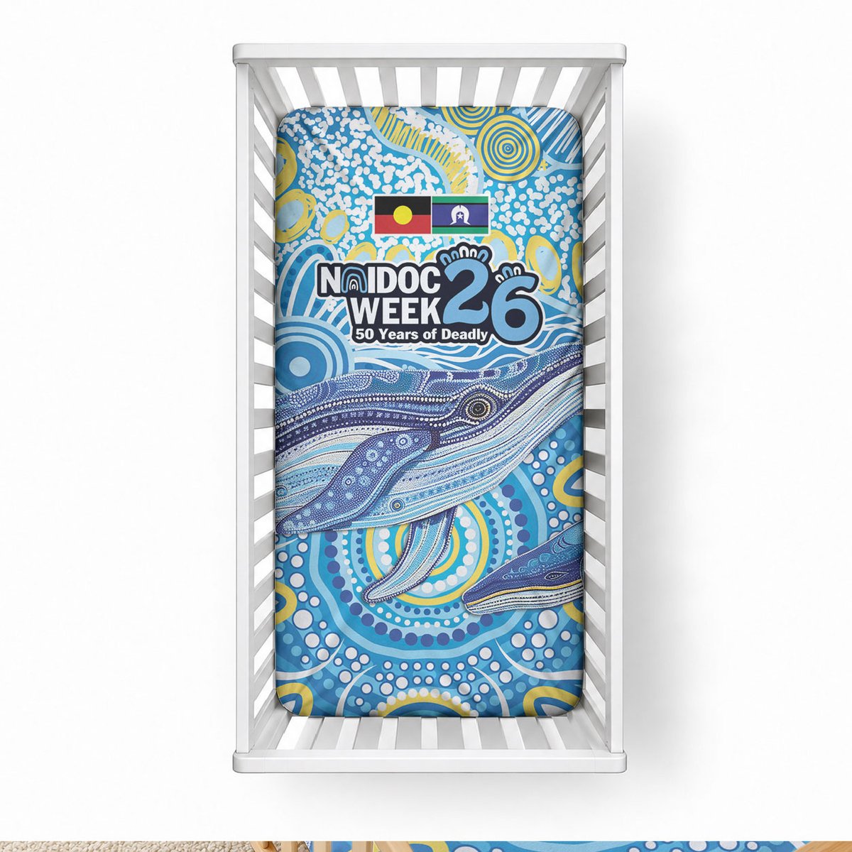 NAIDOC Week 2026 Baby Bed Cover Dreaming of Whales Aboriginal Dot Art