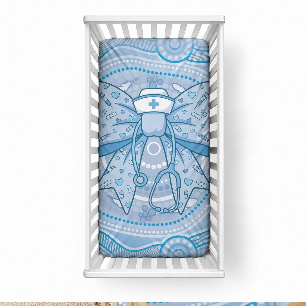 Aussie Nurse Baby Bed Cover Blue Stethoscope Coquette Bow Aboriginal Dot Art