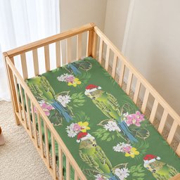 Aussie Santa Budgie Christmas Baby Bed Cover Green Parakeet Tropical Floral