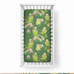 Australia Budgerigars Parakeets Baby Bed Cover Green And Yellow Bird Seamless Orchids Flowers