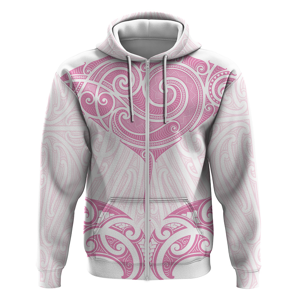 New Zealand Manta Ray Tattoo Zip Hoodie Aotearoa Maori Haehae Pink