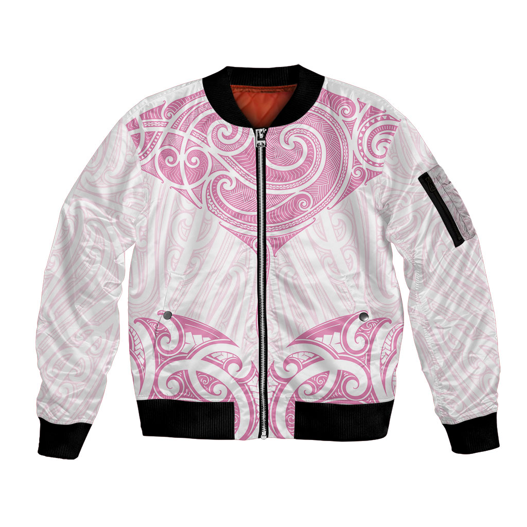 New Zealand Manta Ray Tattoo Sleeve Zip Bomber Jacket Aotearoa Maori Haehae Pink
