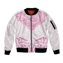 New Zealand Manta Ray Tattoo Sleeve Zip Bomber Jacket Aotearoa Maori Haehae Pink