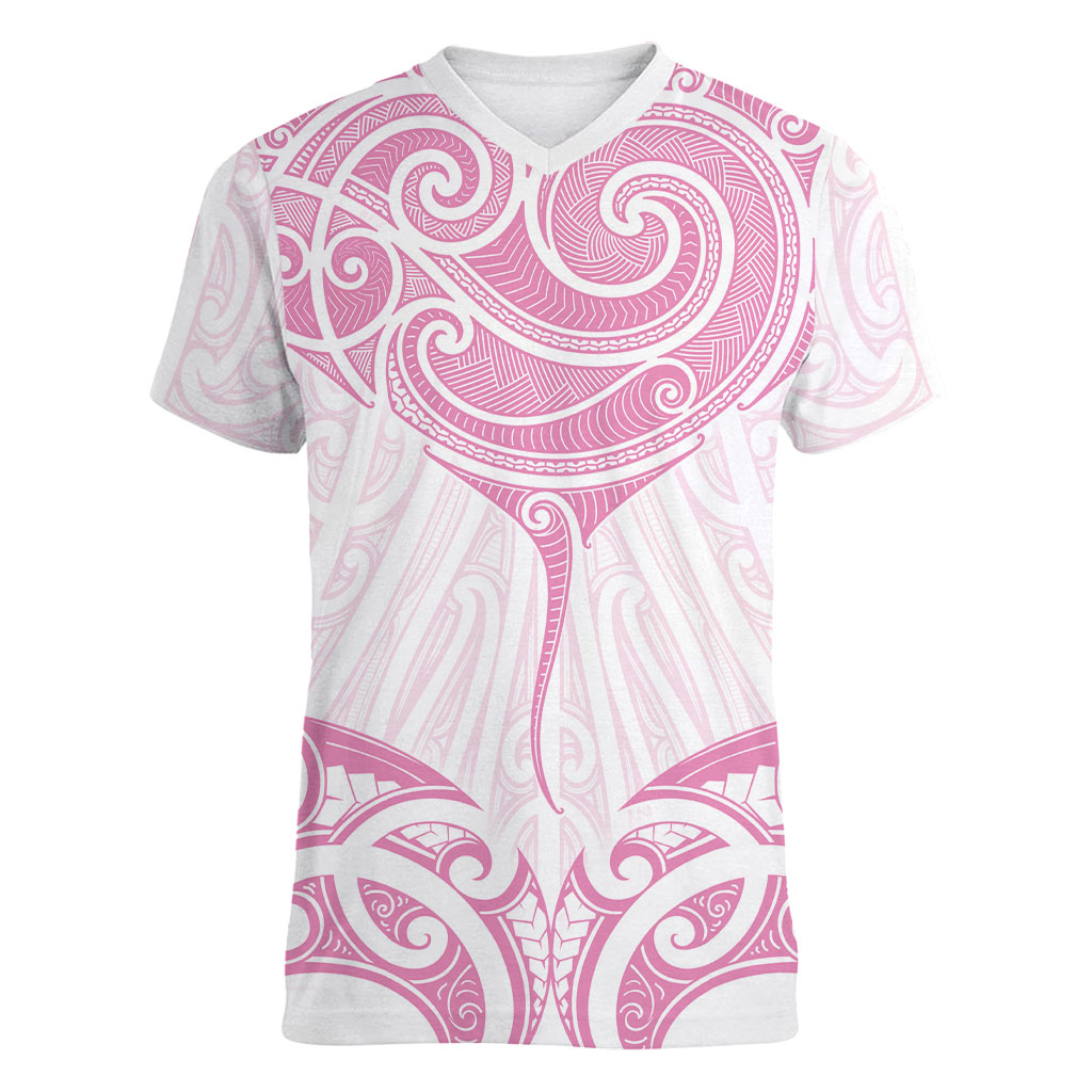 New Zealand Manta Ray Tattoo Women V-Neck T-Shirt Aotearoa Maori Haehae Pink