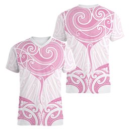 New Zealand Manta Ray Tattoo Women V-Neck T-Shirt Aotearoa Maori Haehae Pink