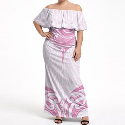New Zealand Manta Ray Tattoo Off Shoulder Maxi Dress Aotearoa Maori Haehae Pink