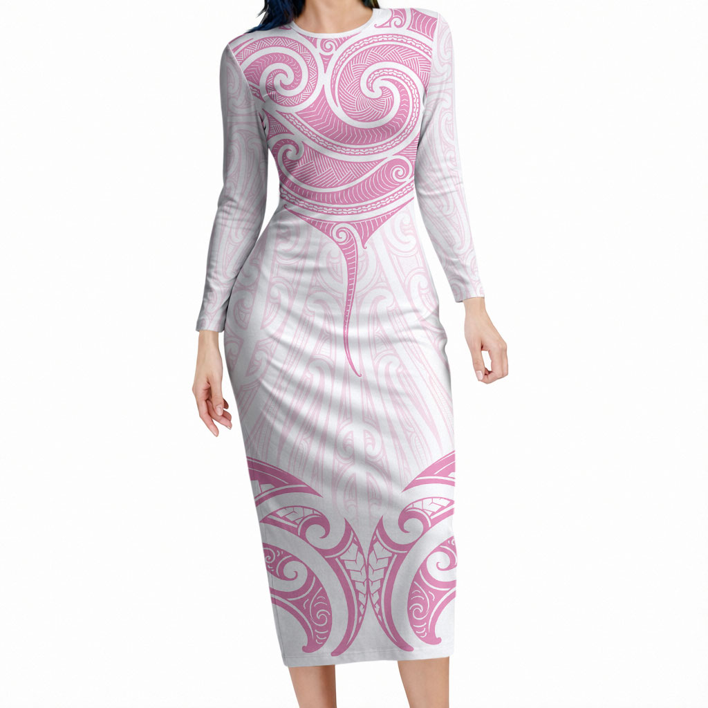 New Zealand Manta Ray Tattoo Long Sleeve Bodycon Dress Aotearoa Maori Haehae Pink