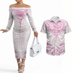 New Zealand Manta Ray Tattoo Couples Matching Off The Shoulder Long Sleeve Dress and Hawaiian Shirt Aotearoa Maori Haehae Pink