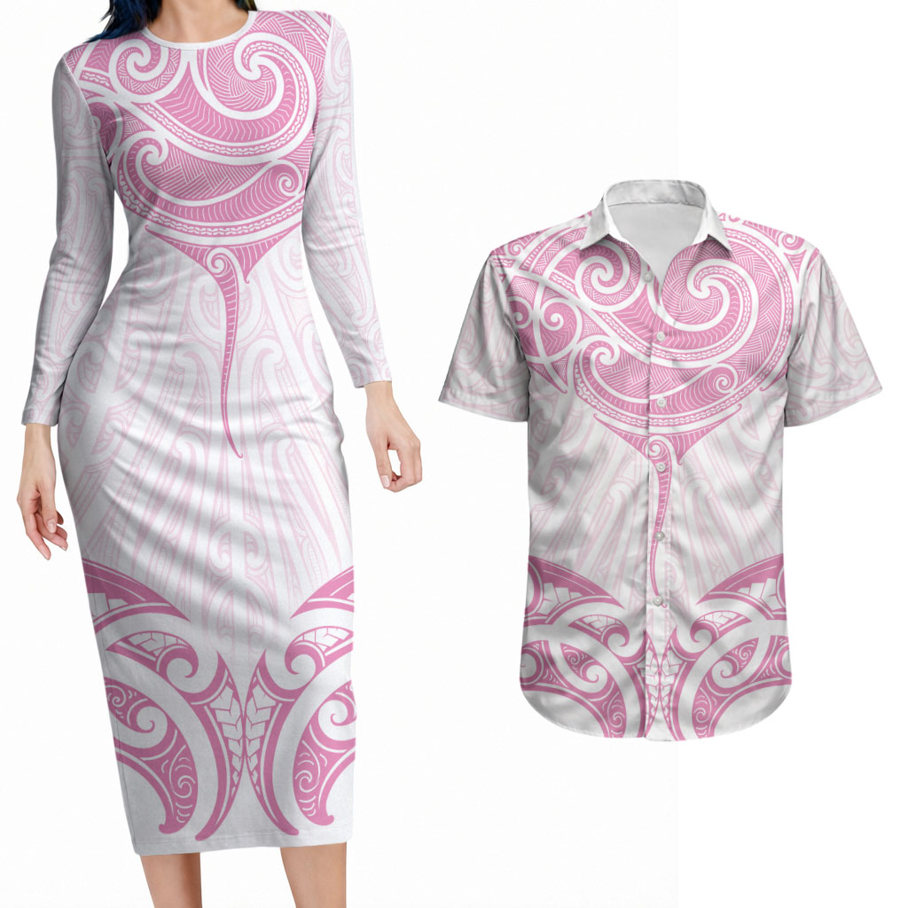 New Zealand Manta Ray Tattoo Couples Matching Long Sleeve Bodycon Dress and Hawaiian Shirt Aotearoa Maori Haehae Pink