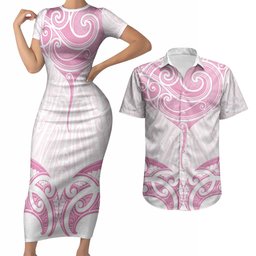 New Zealand Manta Ray Tattoo Couples Matching Short Sleeve Bodycon Dress and Hawaiian Shirt Aotearoa Maori Haehae Pink