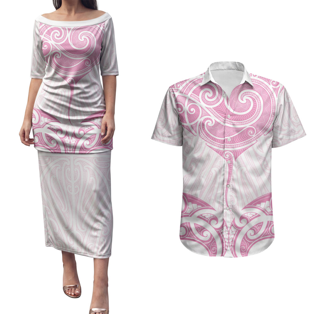 New Zealand Manta Ray Tattoo Couples Matching Puletasi and Hawaiian Shirt Aotearoa Maori Haehae Pink