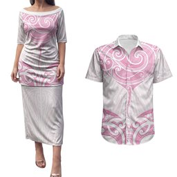 New Zealand Manta Ray Tattoo Couples Matching Puletasi and Hawaiian Shirt Aotearoa Maori Haehae Pink