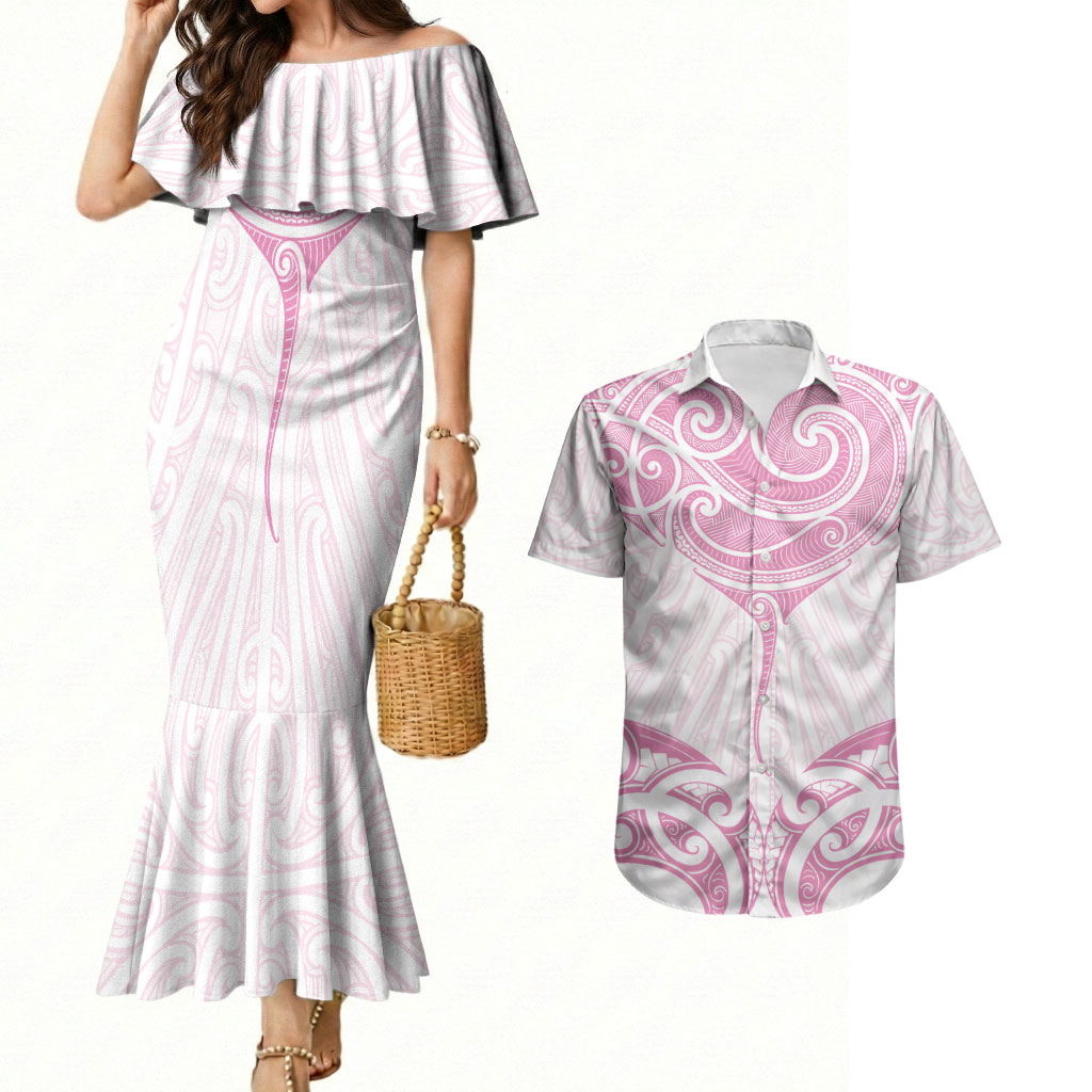 New Zealand Manta Ray Tattoo Couples Matching Mermaid Dress and Hawaiian Shirt Aotearoa Maori Haehae Pink