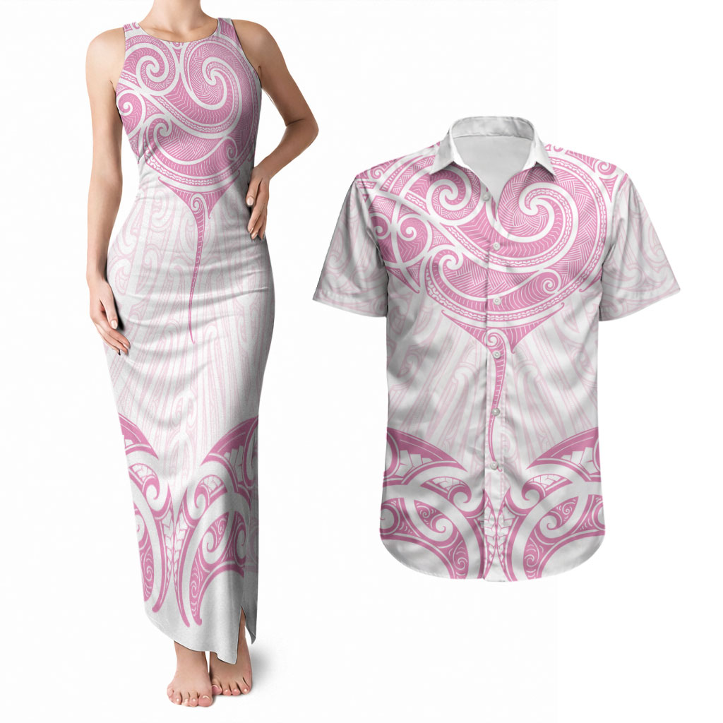 New Zealand Manta Ray Tattoo Couples Matching Tank Maxi Dress and Hawaiian Shirt Aotearoa Maori Haehae Pink