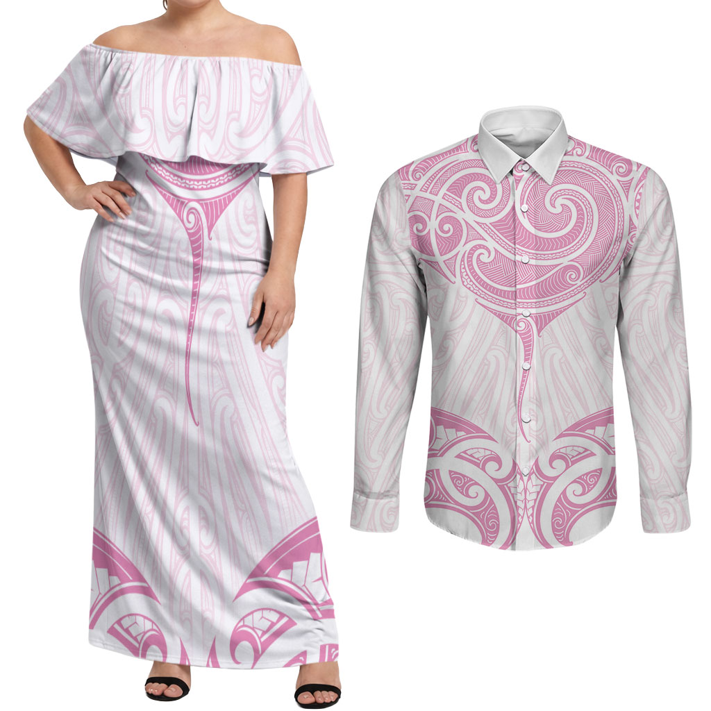New Zealand Manta Ray Tattoo Couples Matching Off Shoulder Maxi Dress and Long Sleeve Button Shirt Aotearoa Maori Haehae Pink