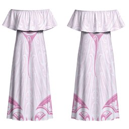 New Zealand Manta Ray Tattoo Couples Matching Off Shoulder Maxi Dress and Long Sleeve Button Shirt Aotearoa Maori Haehae Pink