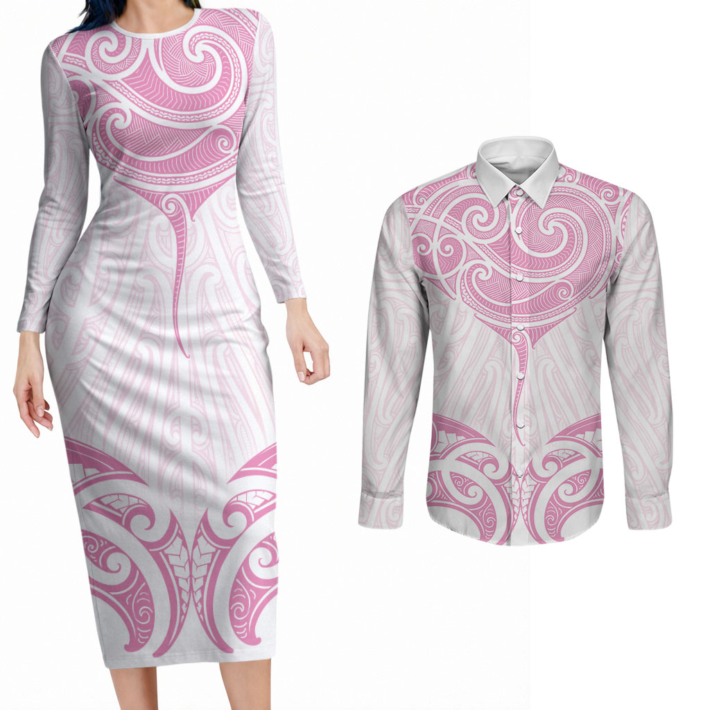 New Zealand Manta Ray Tattoo Couples Matching Long Sleeve Bodycon Dress and Long Sleeve Button Shirt Aotearoa Maori Haehae Pink