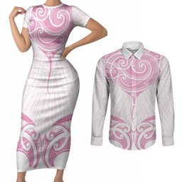 New Zealand Manta Ray Tattoo Couples Matching Short Sleeve Bodycon Dress and Long Sleeve Button Shirt Aotearoa Maori Haehae Pink
