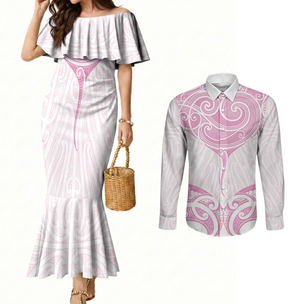 New Zealand Manta Ray Tattoo Couples Matching Mermaid Dress and Long Sleeve Button Shirt Aotearoa Maori Haehae Pink