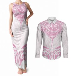 New Zealand Manta Ray Tattoo Couples Matching Tank Maxi Dress and Long Sleeve Button Shirt Aotearoa Maori Haehae Pink