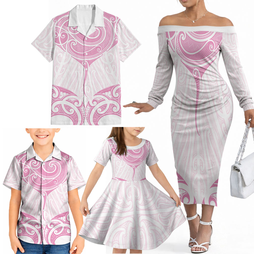 New Zealand Manta Ray Tattoo Family Matching Off The Shoulder Long Sleeve Dress and Hawaiian Shirt Aotearoa Maori Haehae Pink