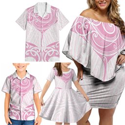 New Zealand Manta Ray Tattoo Family Matching Off Shoulder Short Dress and Hawaiian Shirt Aotearoa Maori Haehae Pink