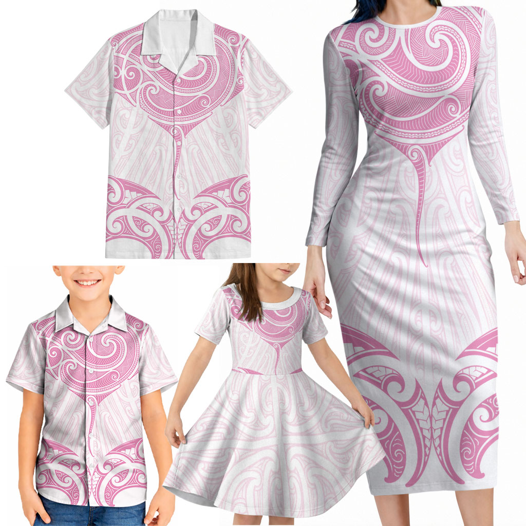 New Zealand Manta Ray Tattoo Family Matching Long Sleeve Bodycon Dress and Hawaiian Shirt Aotearoa Maori Haehae Pink
