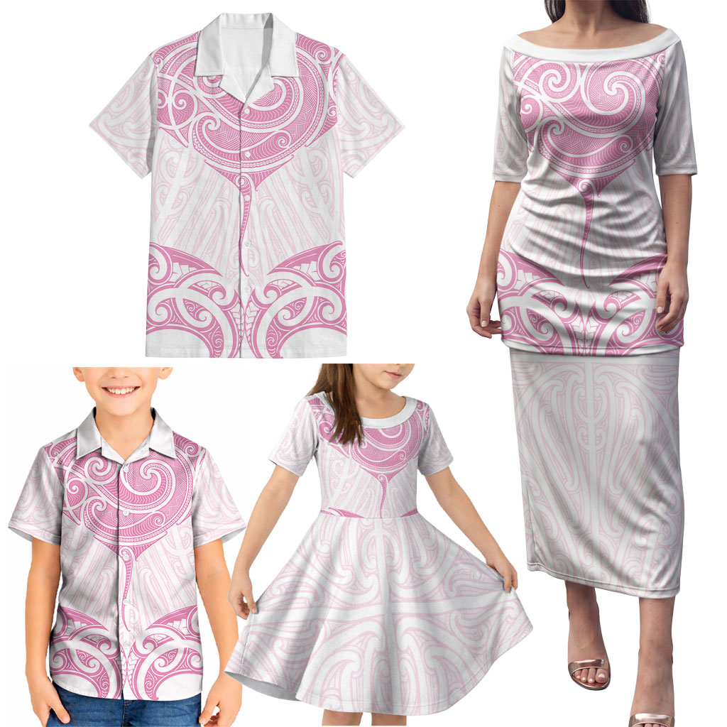 New Zealand Manta Ray Tattoo Family Matching Puletasi and Hawaiian Shirt Aotearoa Maori Haehae Pink