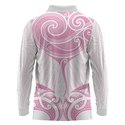 New Zealand Manta Ray Tattoo Long Sleeve Polo Shirt Aotearoa Maori Haehae Pink