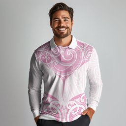 New Zealand Manta Ray Tattoo Long Sleeve Polo Shirt Aotearoa Maori Haehae Pink