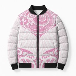 New Zealand Manta Ray Tattoo Bomber Puffer Jacket Aotearoa Maori Haehae Pink