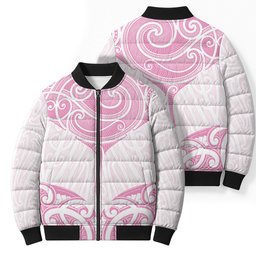 New Zealand Manta Ray Tattoo Bomber Puffer Jacket Aotearoa Maori Haehae Pink