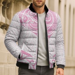 New Zealand Manta Ray Tattoo Bomber Puffer Jacket Aotearoa Maori Haehae Pink