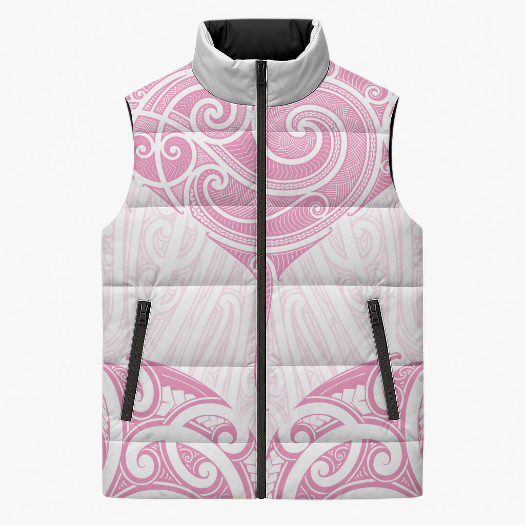 New Zealand Manta Ray Tattoo Sleeveless Puffer Jacket Aotearoa Maori Haehae Pink