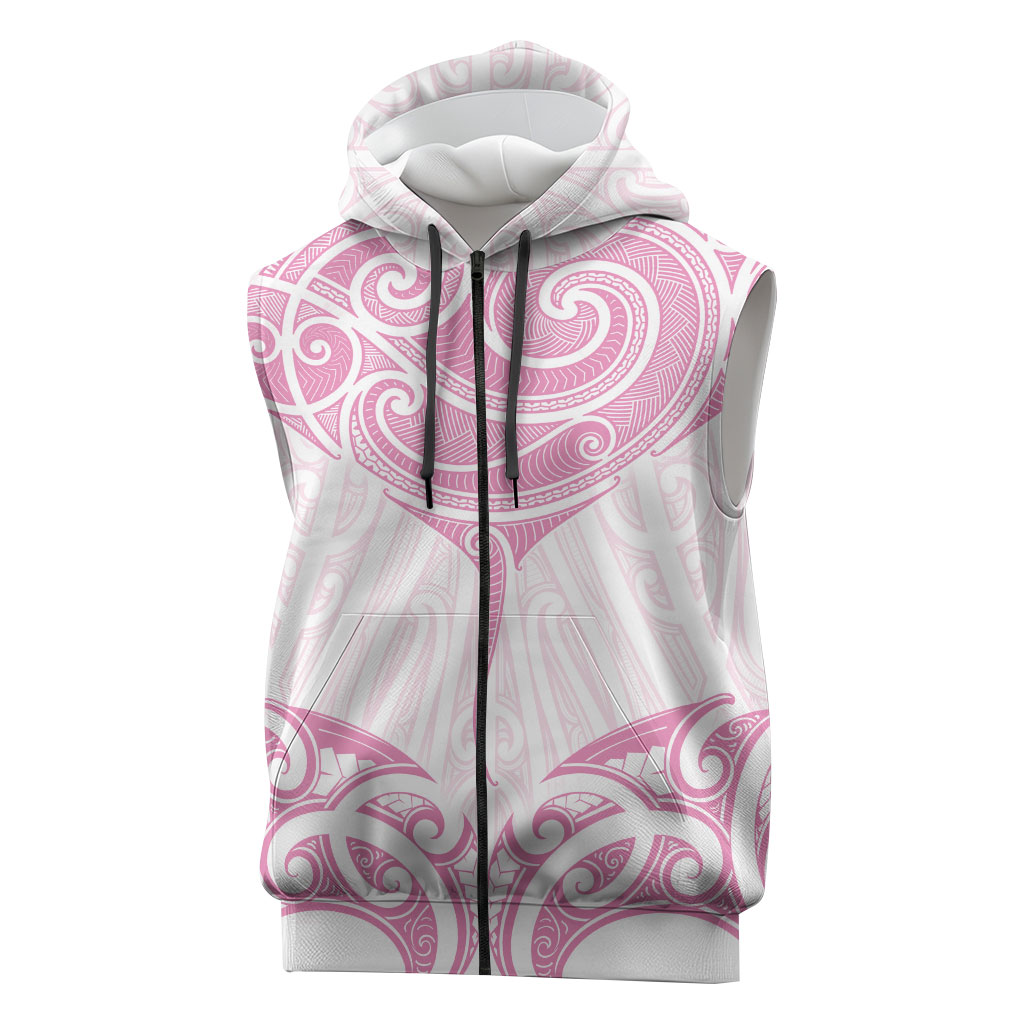 New Zealand Manta Ray Tattoo Sleeveless Zip Hoodie Aotearoa Maori Haehae Pink