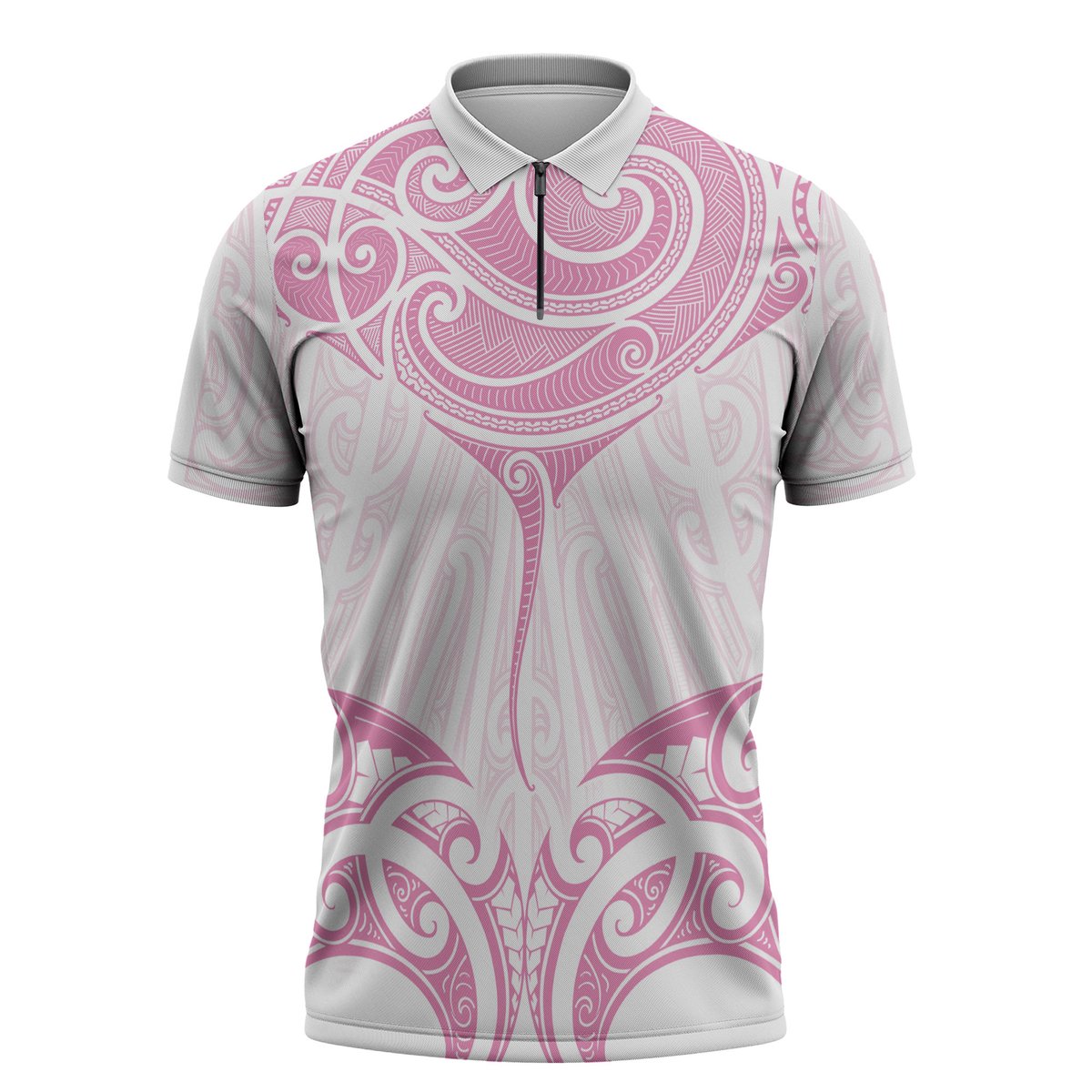 New Zealand Manta Ray Tattoo Zipper Polo Shirt Aotearoa Maori Haehae Pink