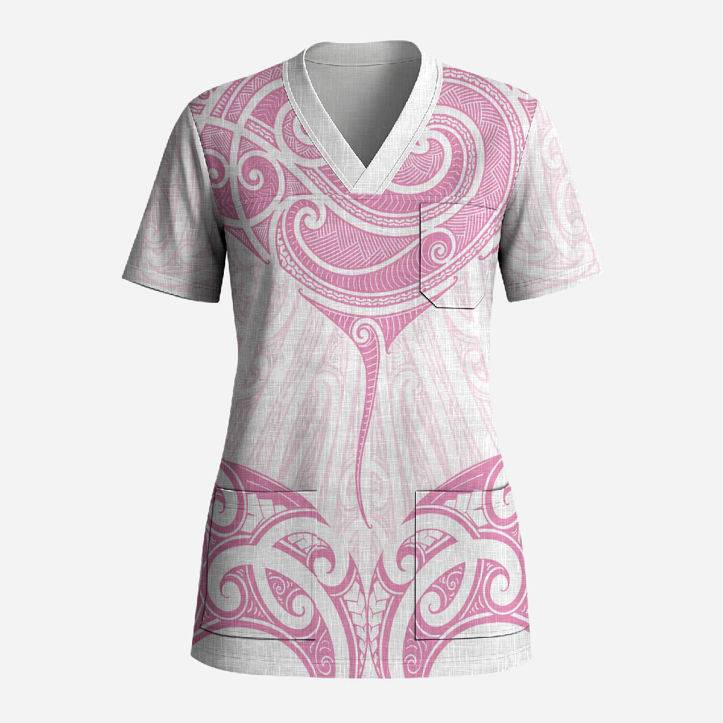 New Zealand Manta Ray Tattoo Scrub Top Aotearoa Maori Haehae Pink