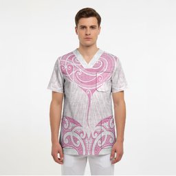 New Zealand Manta Ray Tattoo Scrub Top Aotearoa Maori Haehae Pink