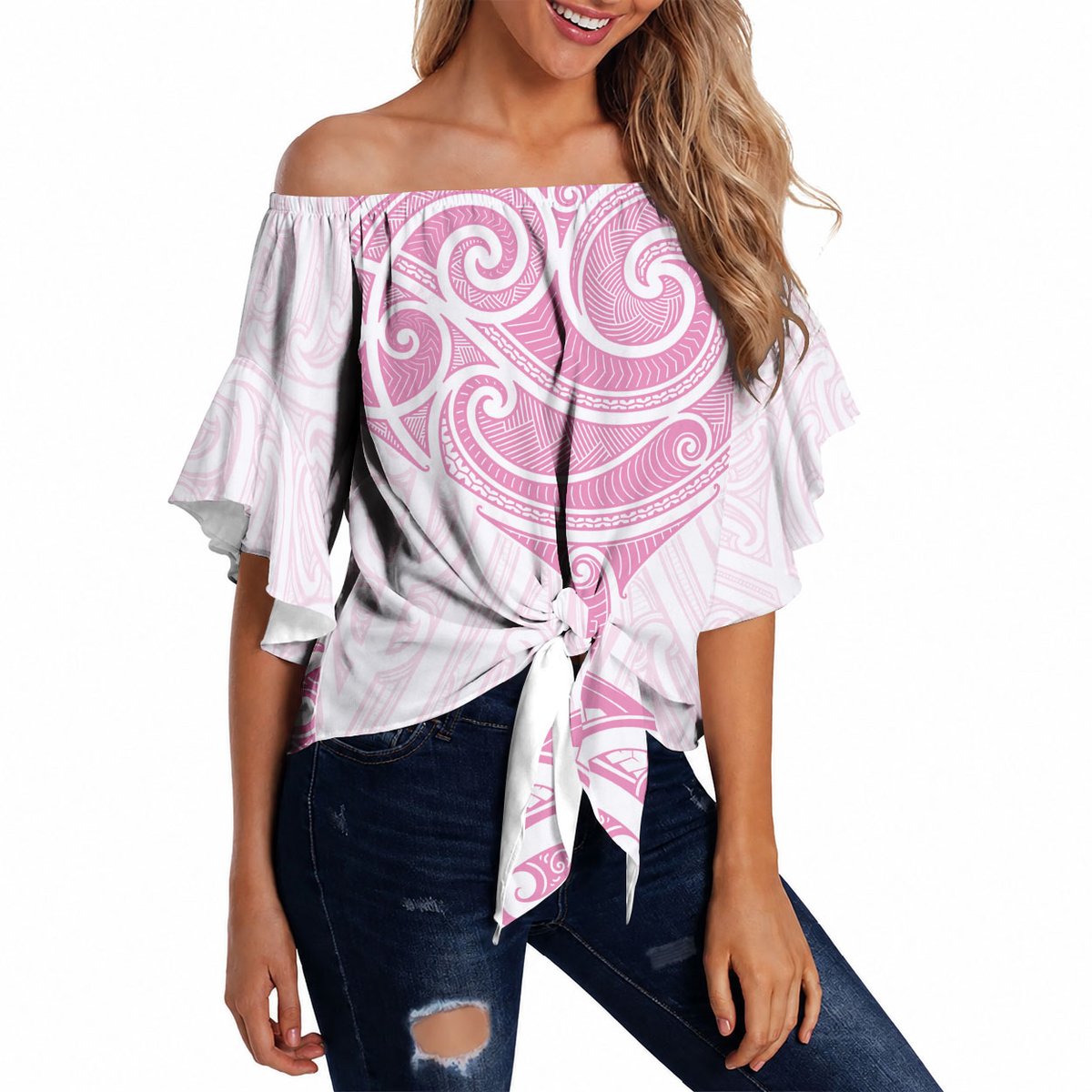 New Zealand Manta Ray Tattoo Off Shoulder Wrap Waist Top Aotearoa Maori Haehae Pink