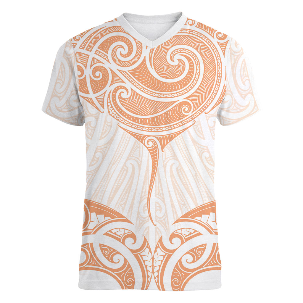 New Zealand Manta Ray Tattoo Women V-Neck T-Shirt Aotearoa Maori Haehae Orange