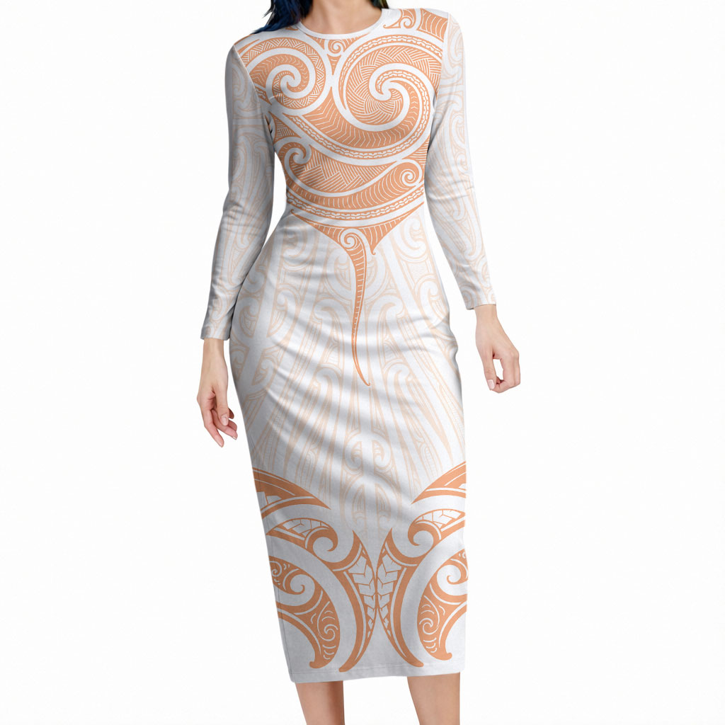 New Zealand Manta Ray Tattoo Long Sleeve Bodycon Dress Aotearoa Maori Haehae Orange