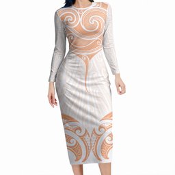 New Zealand Manta Ray Tattoo Long Sleeve Bodycon Dress Aotearoa Maori Haehae Orange