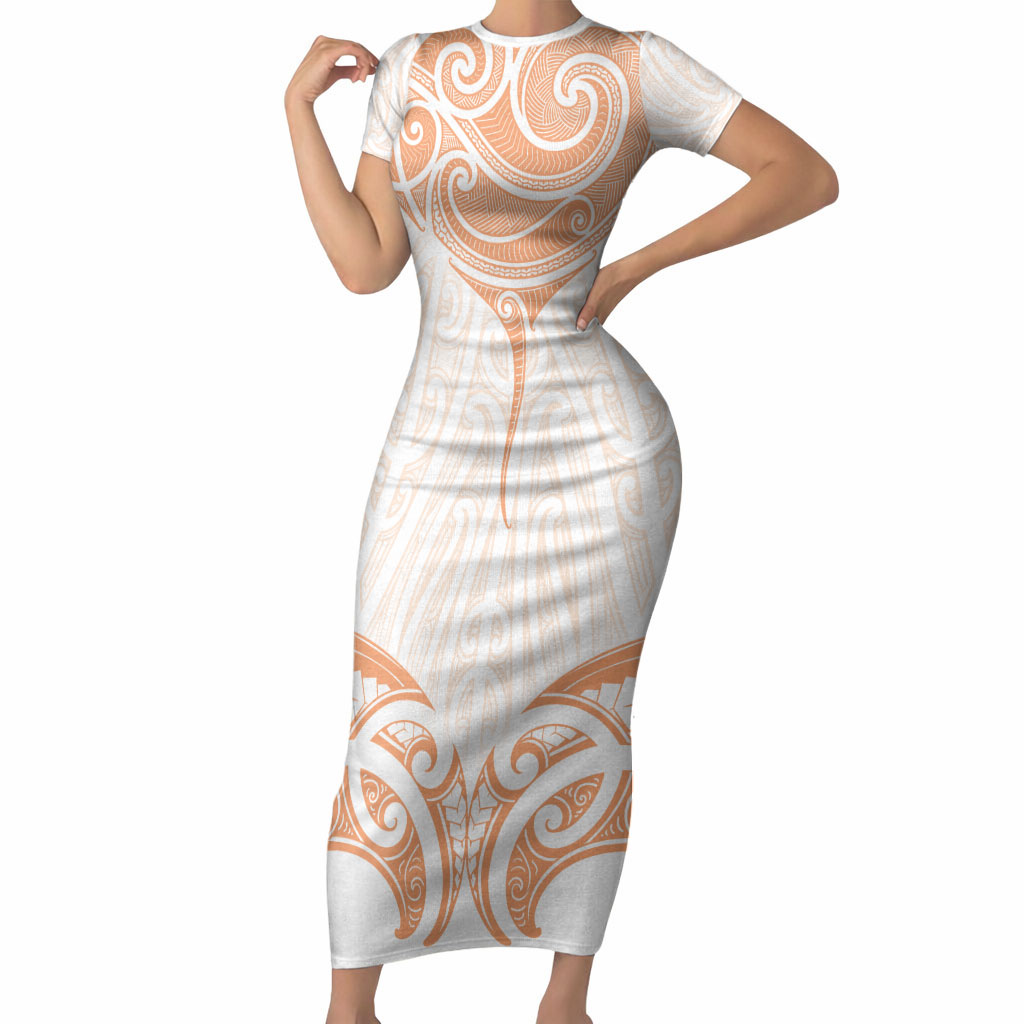 New Zealand Manta Ray Tattoo Short Sleeve Bodycon Dress Aotearoa Maori Haehae Orange