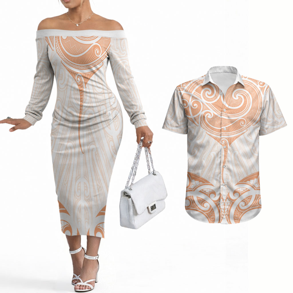 New Zealand Manta Ray Tattoo Couples Matching Off The Shoulder Long Sleeve Dress and Hawaiian Shirt Aotearoa Maori Haehae Orange