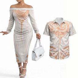 New Zealand Manta Ray Tattoo Couples Matching Off The Shoulder Long Sleeve Dress and Hawaiian Shirt Aotearoa Maori Haehae Orange