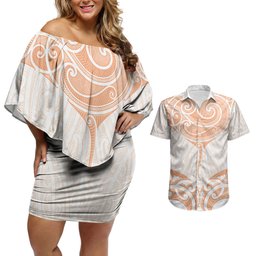 New Zealand Manta Ray Tattoo Couples Matching Off Shoulder Short Dress and Hawaiian Shirt Aotearoa Maori Haehae Orange