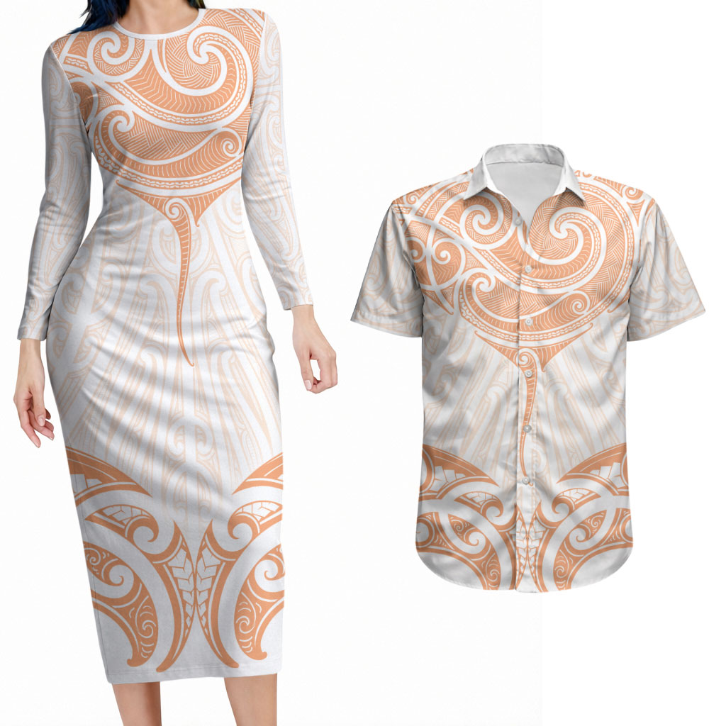 New Zealand Manta Ray Tattoo Couples Matching Long Sleeve Bodycon Dress and Hawaiian Shirt Aotearoa Maori Haehae Orange