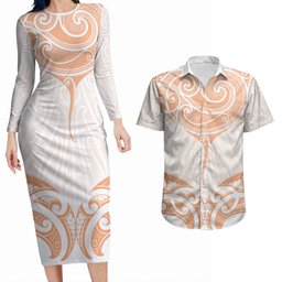 New Zealand Manta Ray Tattoo Couples Matching Long Sleeve Bodycon Dress and Hawaiian Shirt Aotearoa Maori Haehae Orange