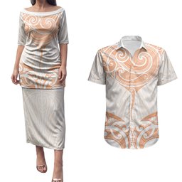 New Zealand Manta Ray Tattoo Couples Matching Puletasi and Hawaiian Shirt Aotearoa Maori Haehae Orange