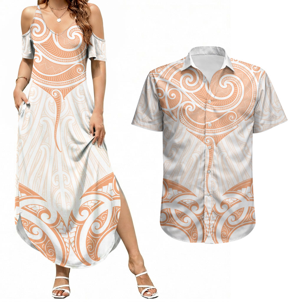 New Zealand Manta Ray Tattoo Couples Matching Summer Maxi Dress and Hawaiian Shirt Aotearoa Maori Haehae Orange